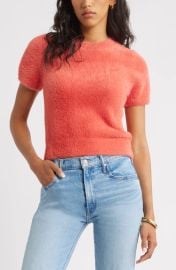 Open Edit Fuzzy Short Sleeve Sweater in Black at Nordstrom Rack at Nordstrom Rack